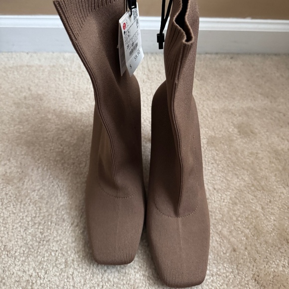 ZARA HEELED SOCK-STYLE ANKLE STRETCHY BOOTS SQUARE TOE BROWN - Picture 3 of 5